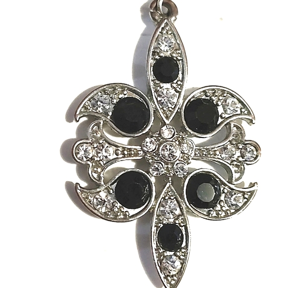 VINTAGE STERLING SILVER ONYX WHITE ZIRCON STONES DROP HOOK 2.1" EARRINGS - Picture 5 of 9